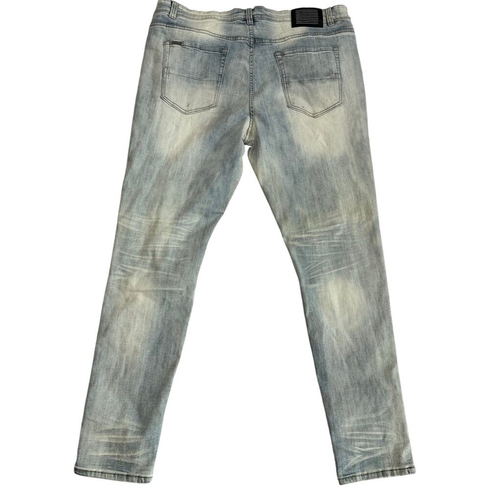 Serenede Tapered Jeans Bandana Paisley Patch Distressed Stretch Denim - Picture 2 of 9